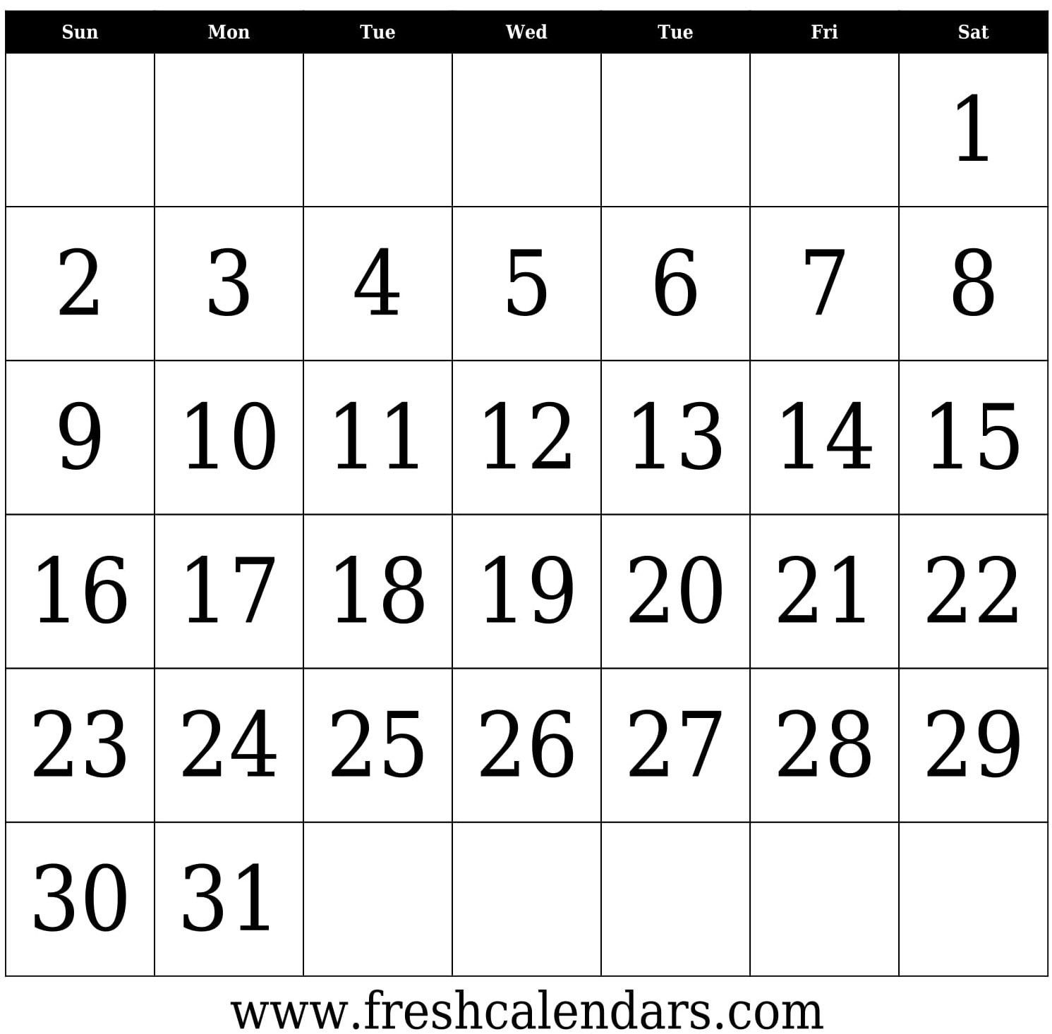 Calendar Template 31 Days Calendar Template Printable Calendar Numbers Printable Blank Calendar