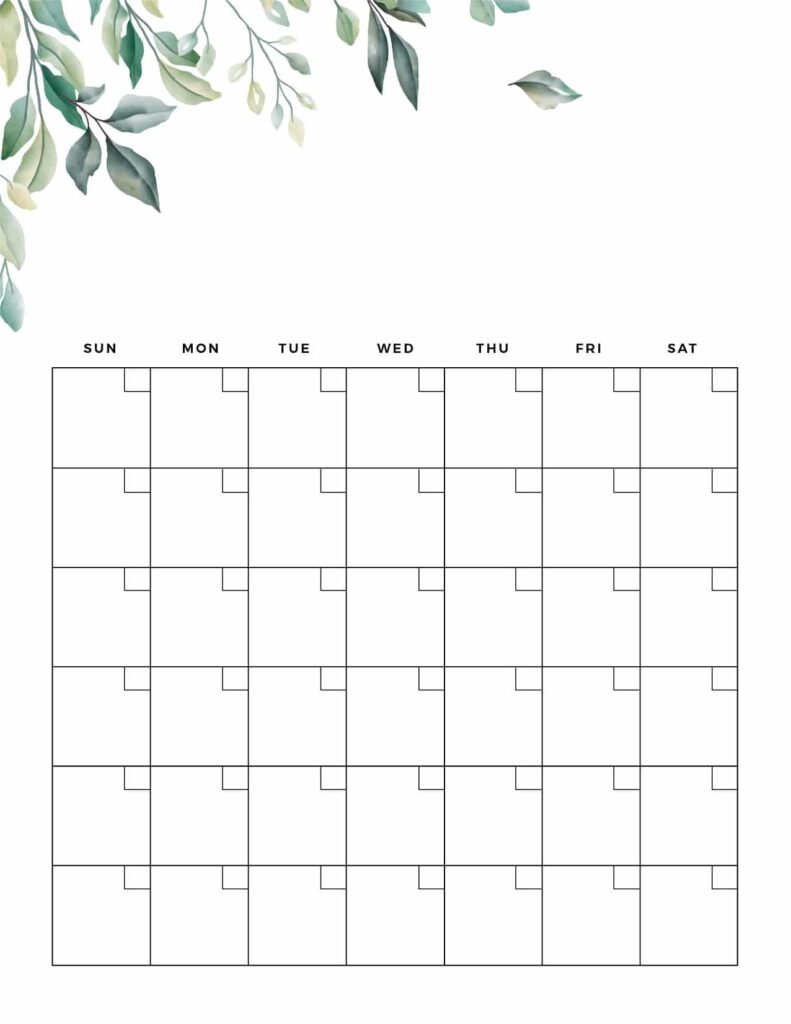 High Resolution Printable Month Blank Calendar