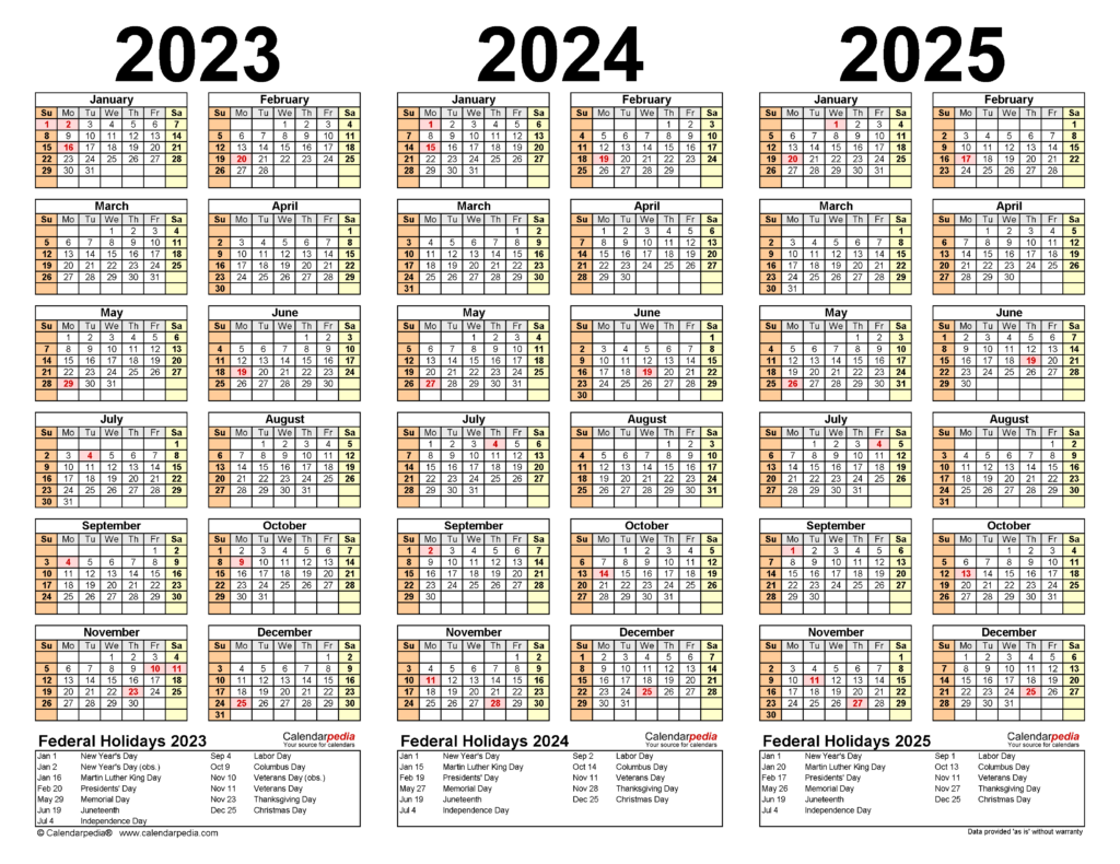 3 Year Calendar 2023 To 2025 Printable
