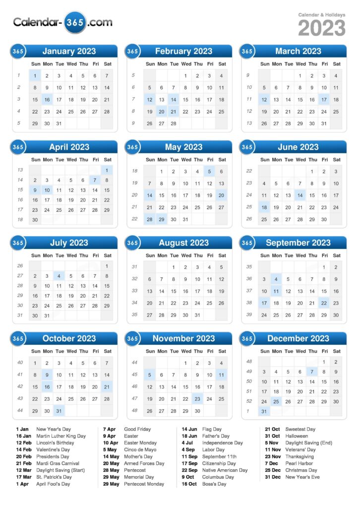 2023 Calendar With Bank Holidays Printable