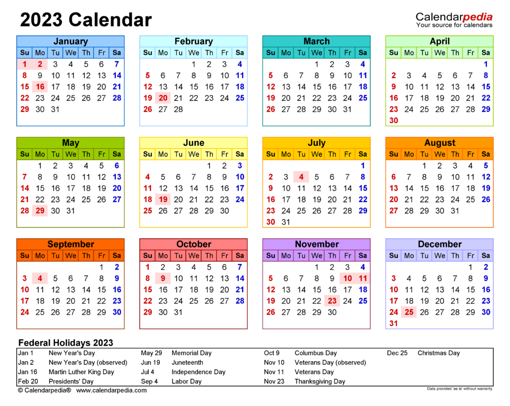2023 Calendar With School Holidays Printable