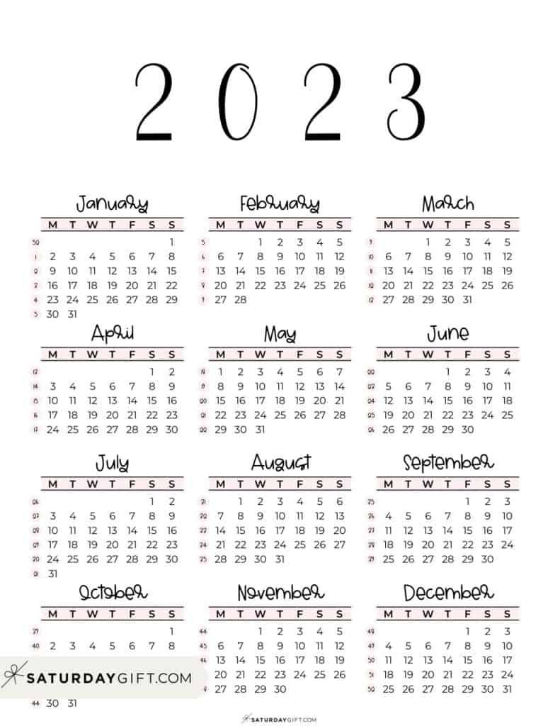 Free 2023 Yearly Calendar Monday Start Printable