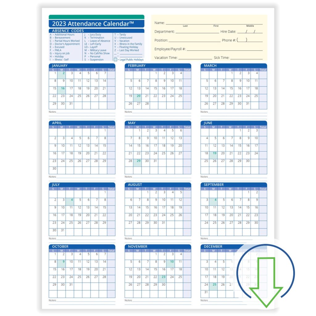 2023 Downloadable Employee Attendance Calendar HRdirect