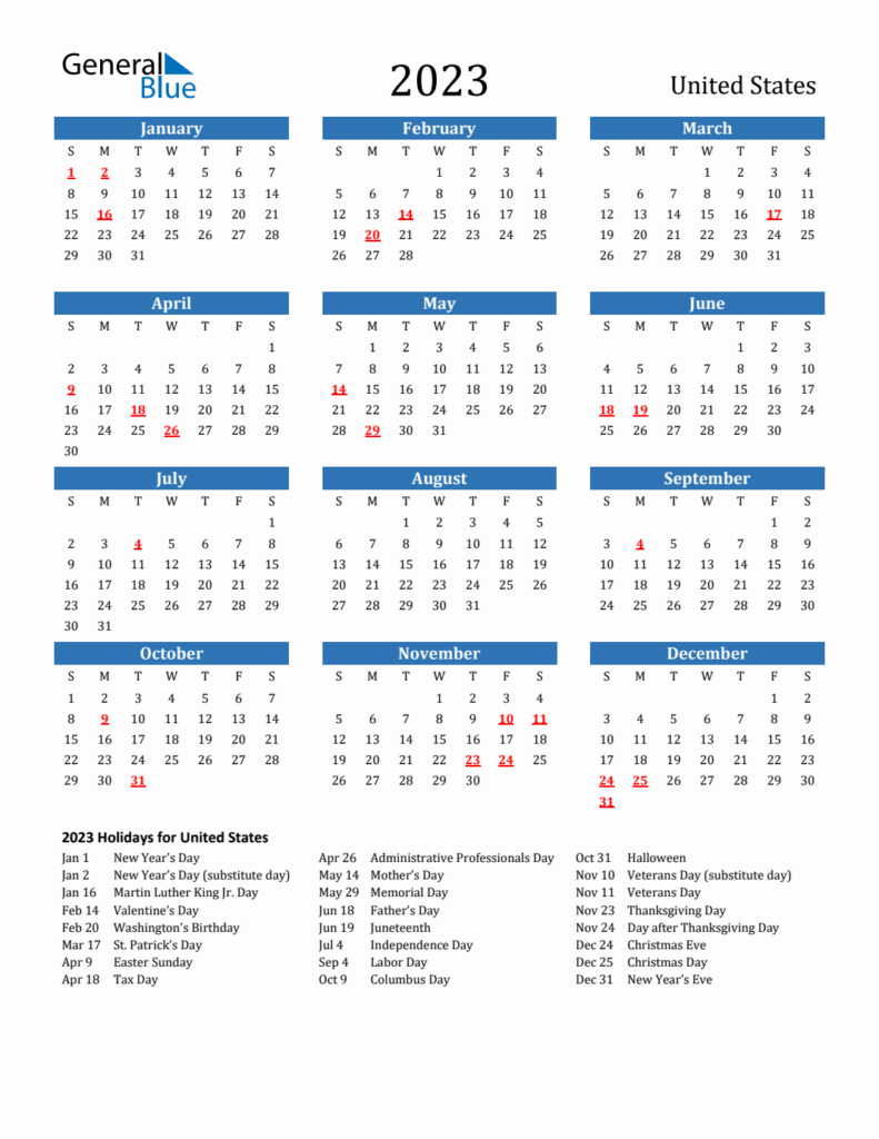 2023 Calendar With Us Holidays Printable