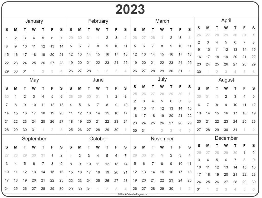 2023 Year At A Glance Printable Calendar