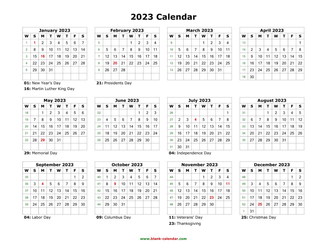 2023 Yearly Calendar Printable Word