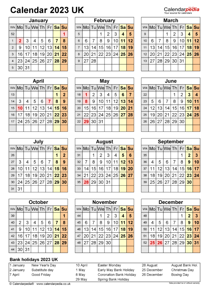 2023 Calendar Uk With Bank Holidays Printable