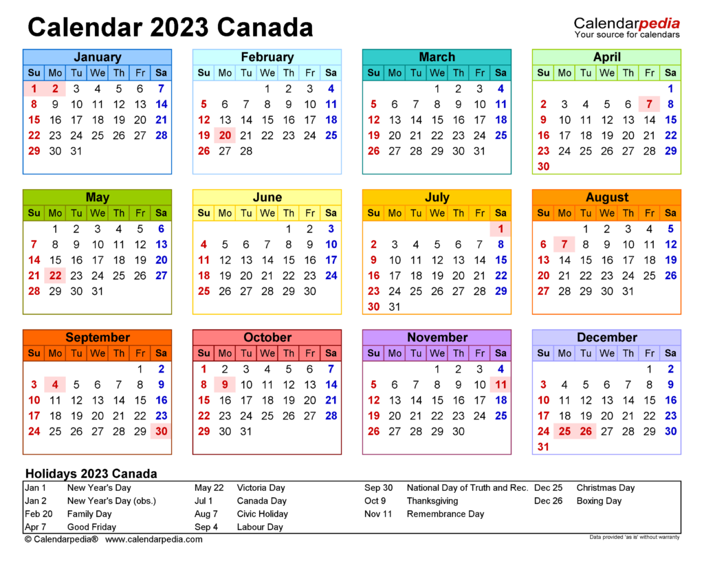 2023 Calendar With Holidays Canada Printable