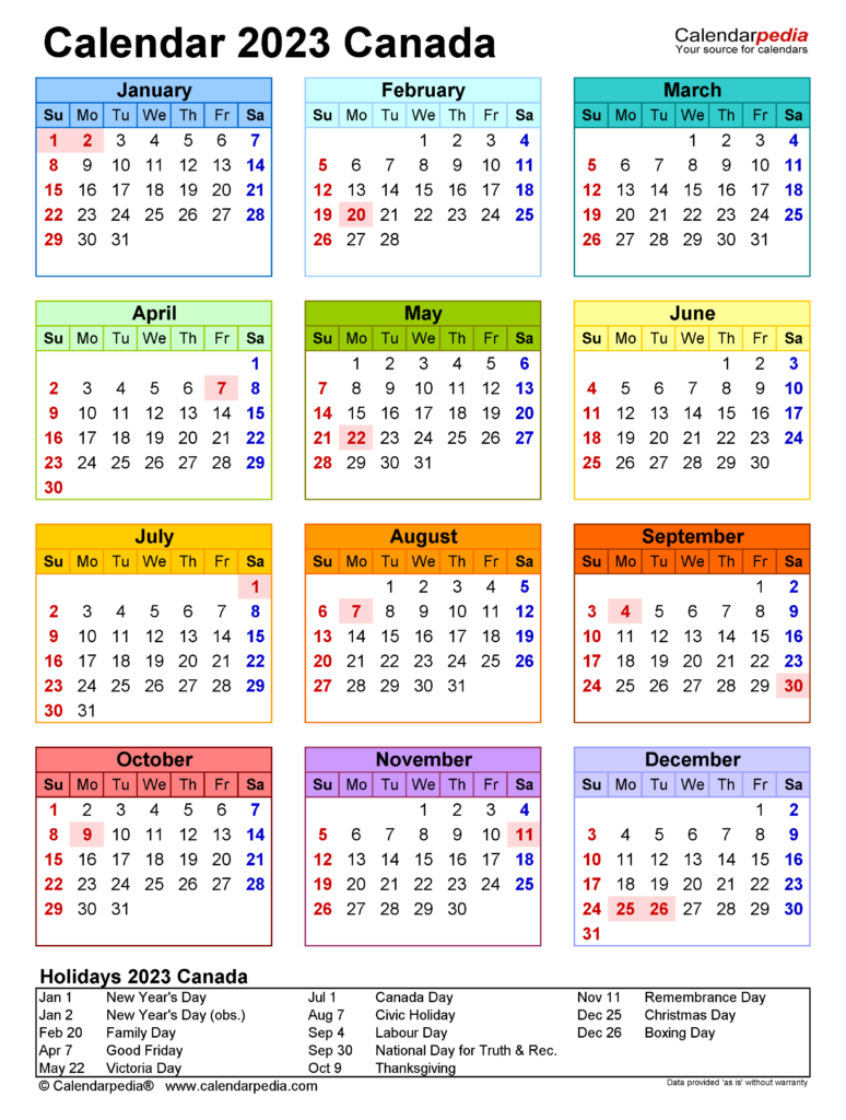 2023 Calendar Canada With Holidays Printable