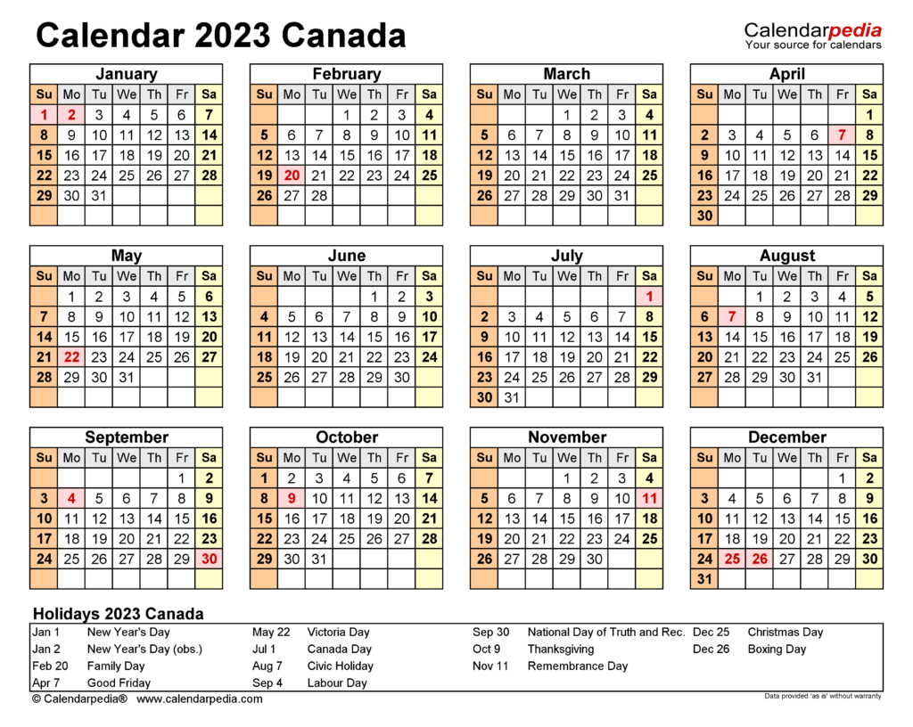 Free Printable Canadian Calendar 2023