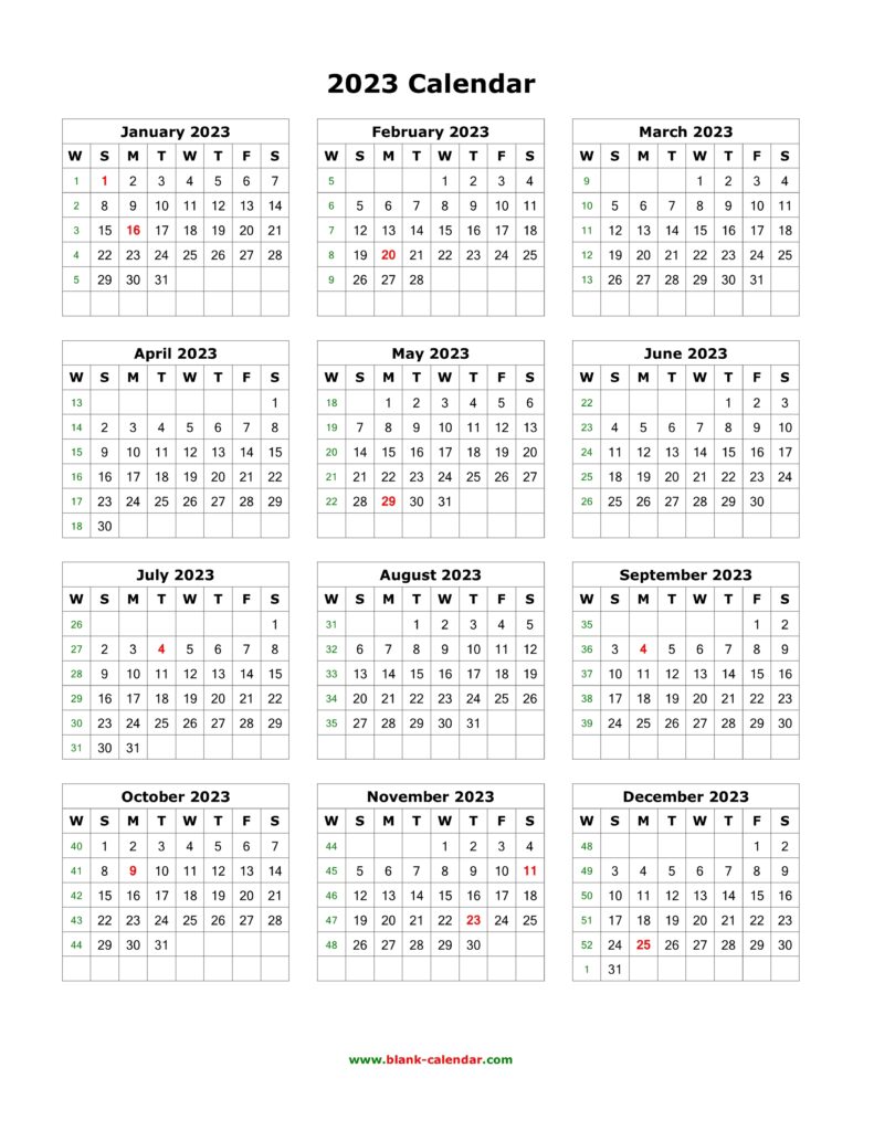 Free Printable One Page 2023 Calendar