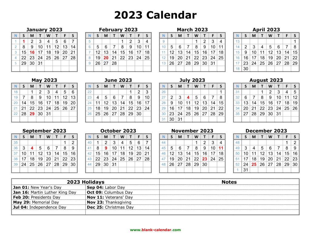 Free Download Printable Calendar 2023 With US Federal Holidays One Page Horizontal 