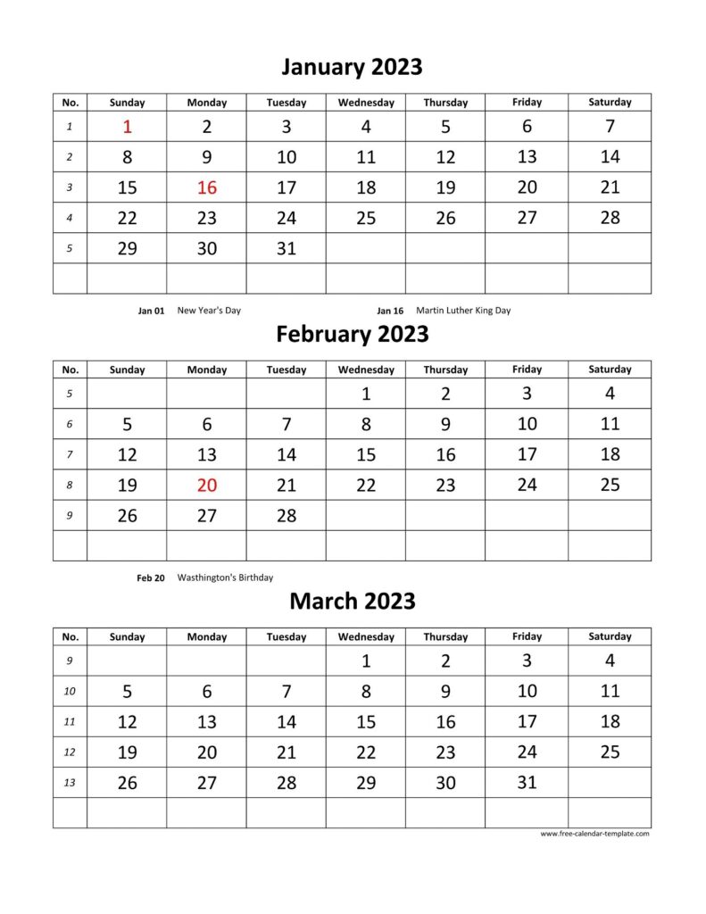 Free Printable 3 Month Calendar 2023