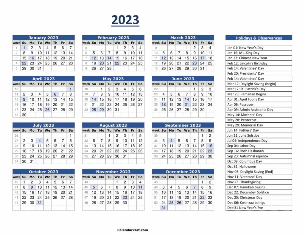 Printable 2023 Yearly Calendar With Holidays