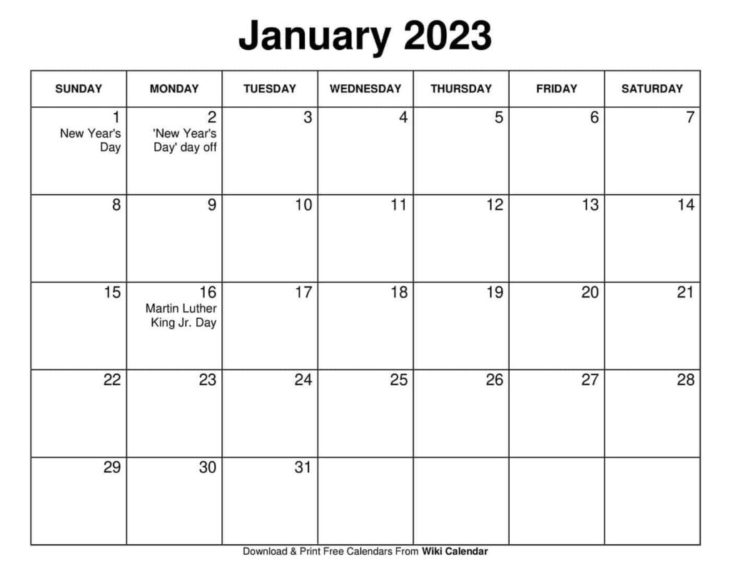 January 2023 Calendar Printable Wiki