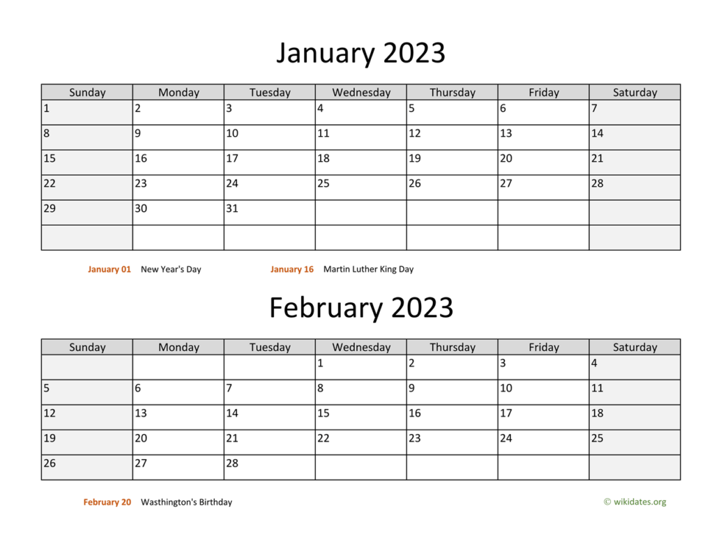 January And February 2023 Calendar Printable