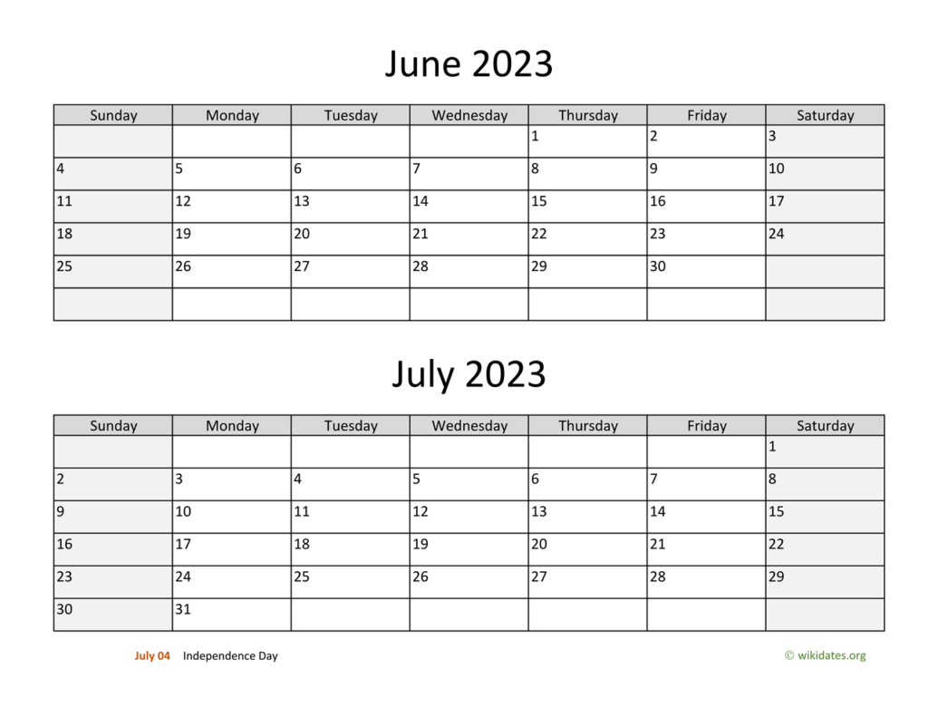 June And July 2023 Calendar Printable