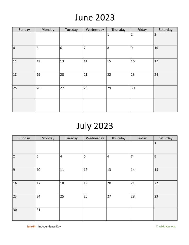June And July 2023 Calendar WikiDates