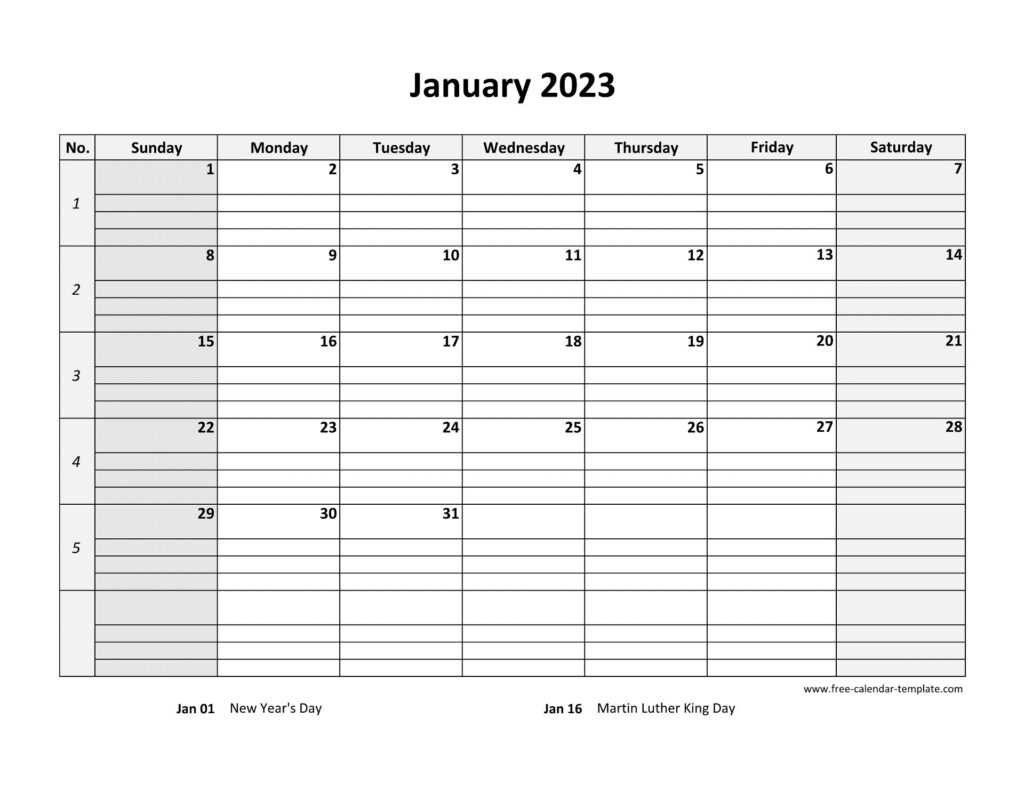 Monthly 2023 Calendar Free Printable With Grid Lines Designed horizontal Free calendar template