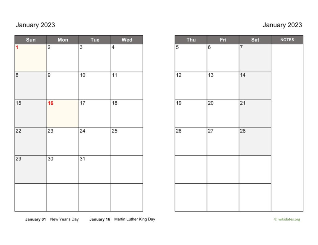 Monthly 2023 Calendar On Two Pages WikiDates