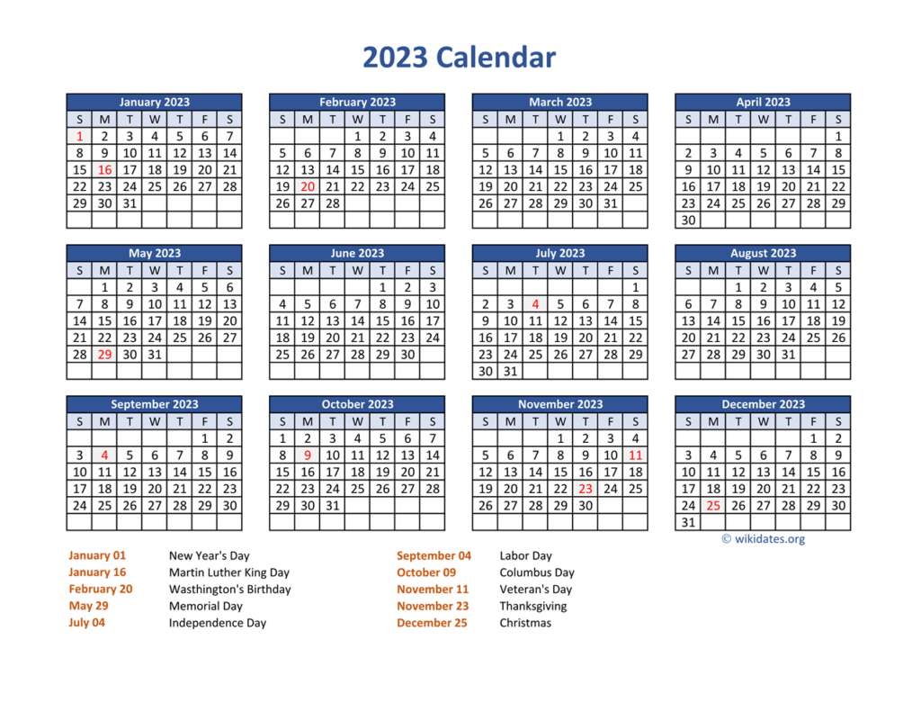 PDF Calendar 2023 With Federal Holidays WikiDates