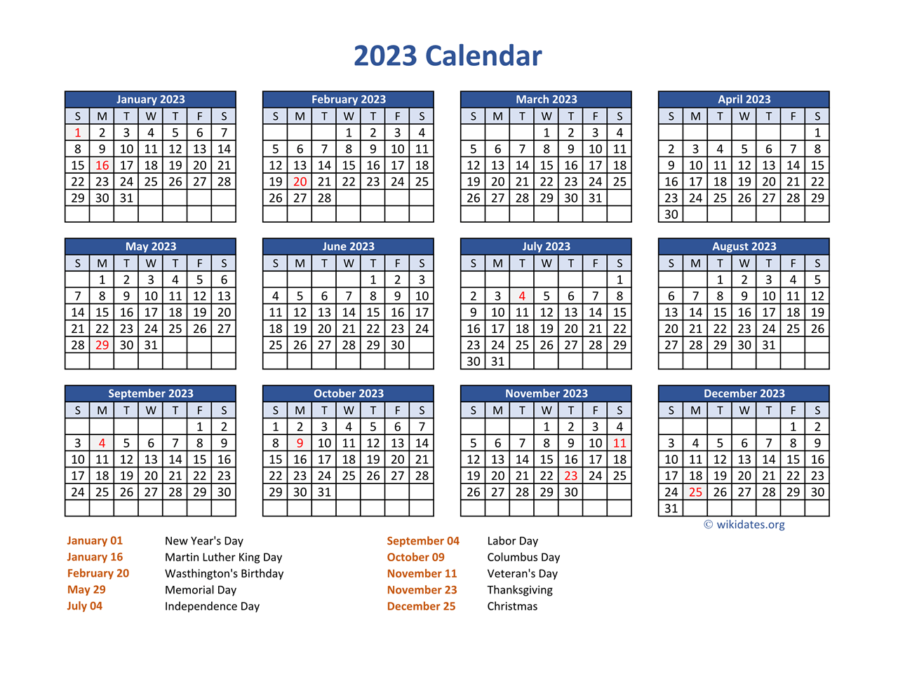 2023 Federal Holiday Calendar Printable - 2024 Calendar Printable