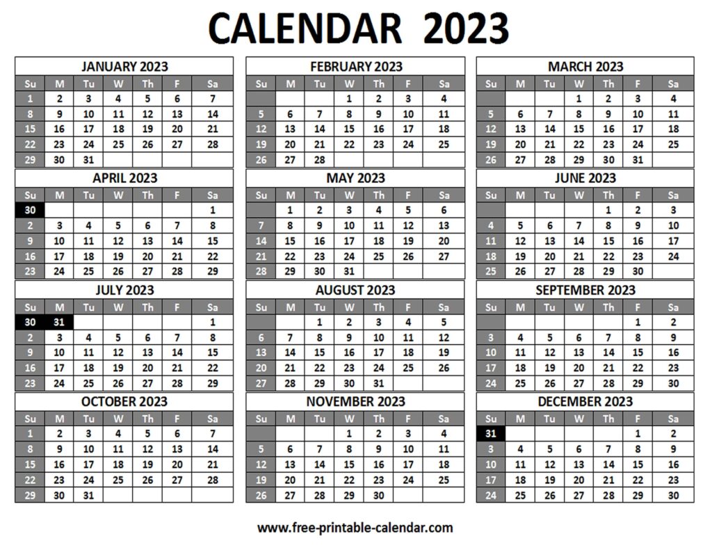 12 Month Calendar 2023 Printable Free