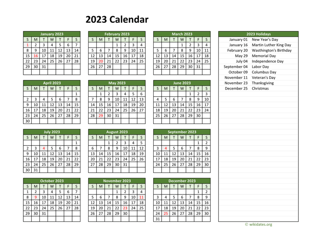 2023 Printable Calendar With Federal Holidays