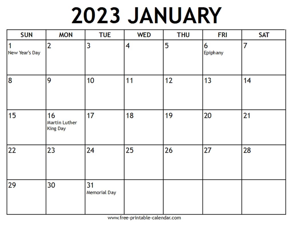 Printable 2023 January Calendar Free printable calendar