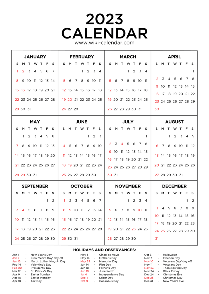 2023 Printable Yearly Calendar With Holidays