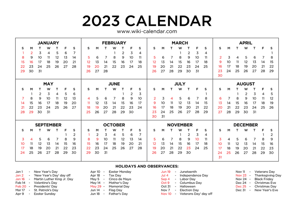 Free Printable 2023 Yearly Calendar With Holidays