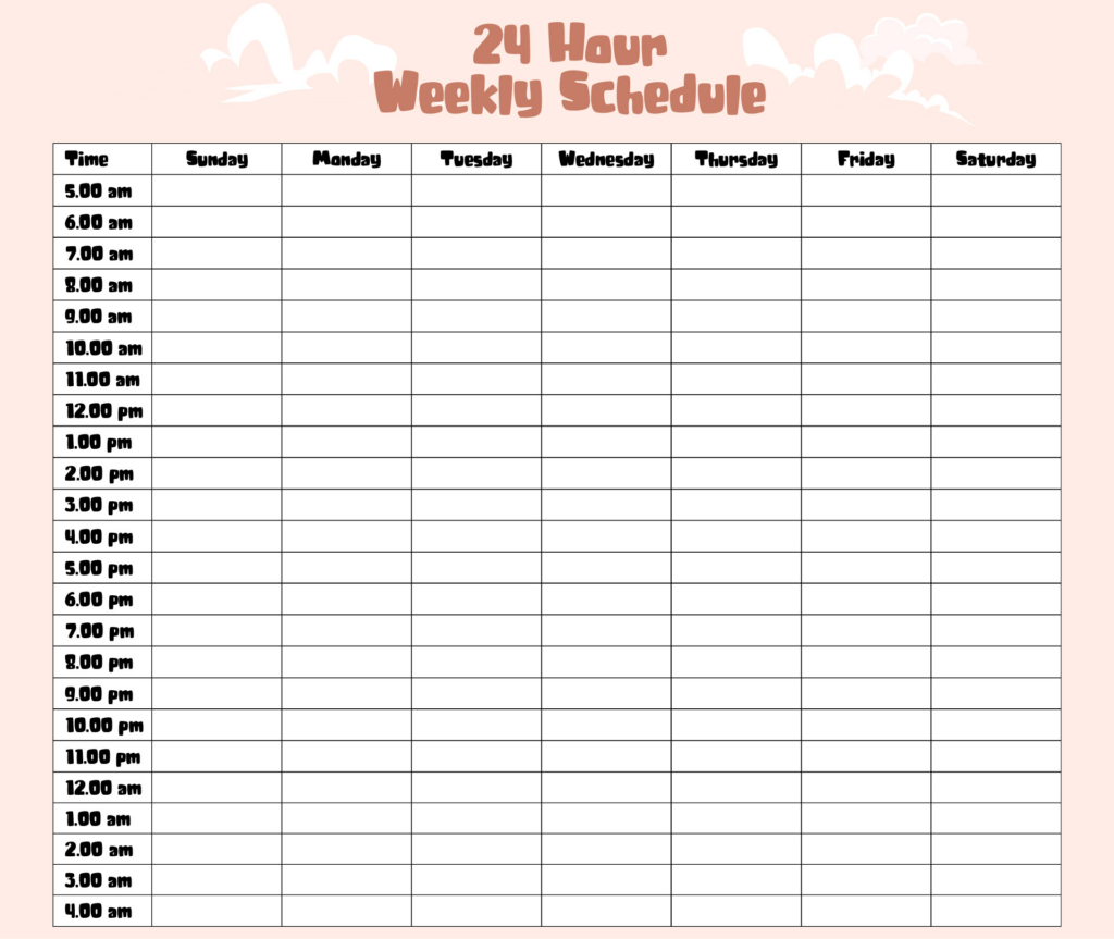 Weekly Blank Calendar Printable 24 Hour Days