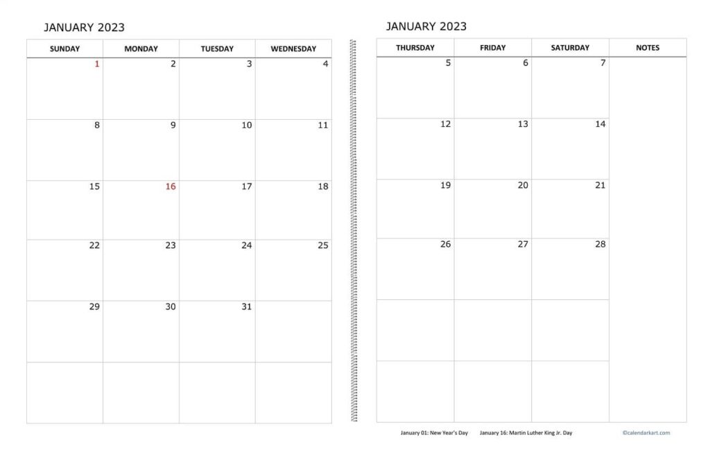 Printable Blank Two Page Monthly Calendar