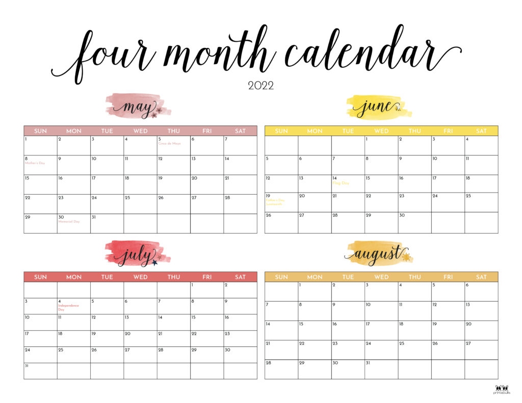 Printable Blank 4 Month Calendar