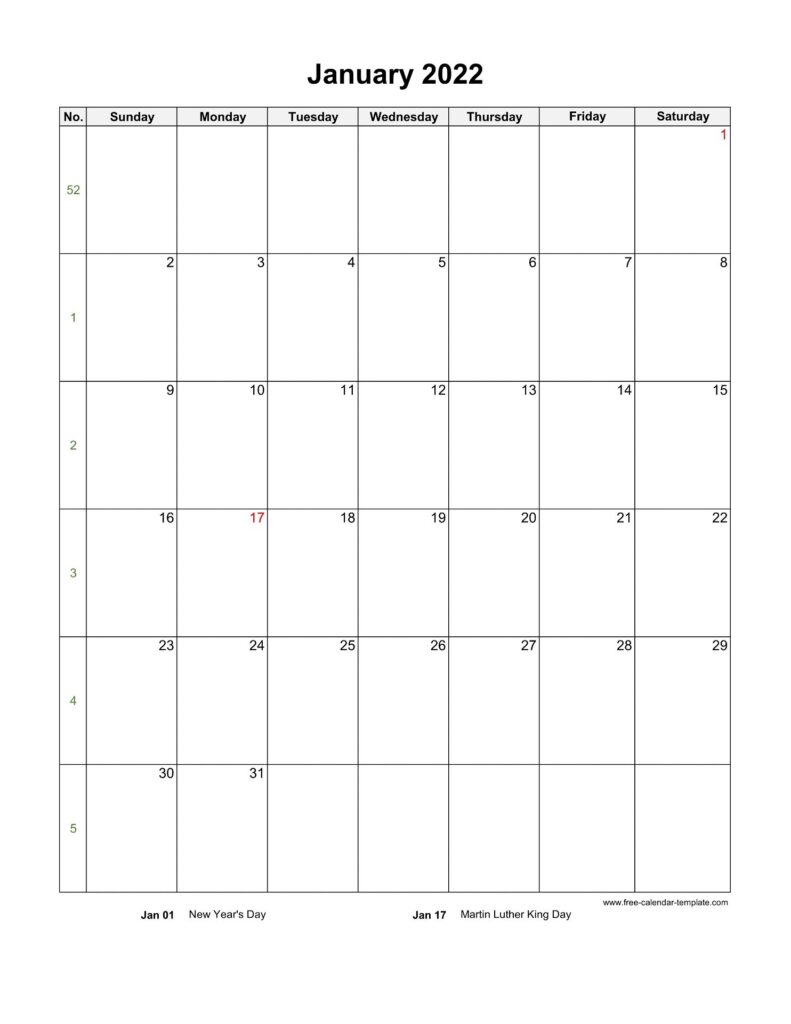 2022 Monthly Calendar Blank Vertical Template Free calendar template