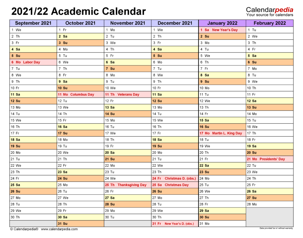 Academic Calendars 2021 2022 Free Printable Word Templates