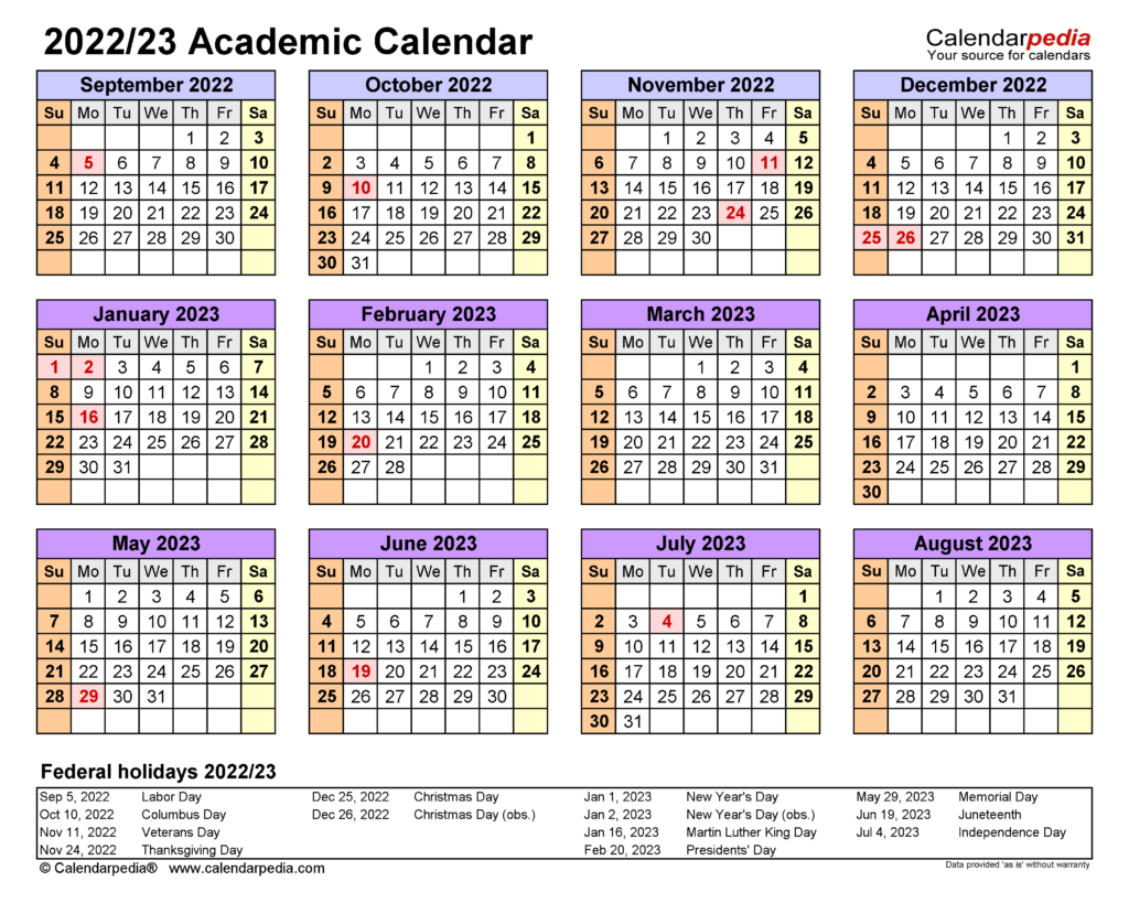 Academic Calendars 2022 2023 Free Printable Word Templates