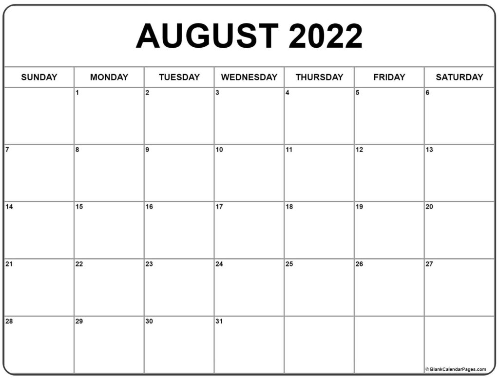Blank Printable Monthly Calendar August
