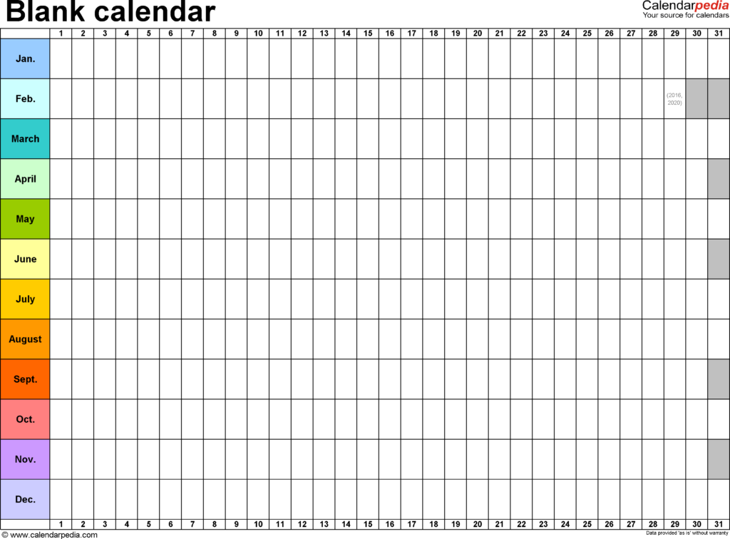 Printable Annual Calendar Blank Worksheet