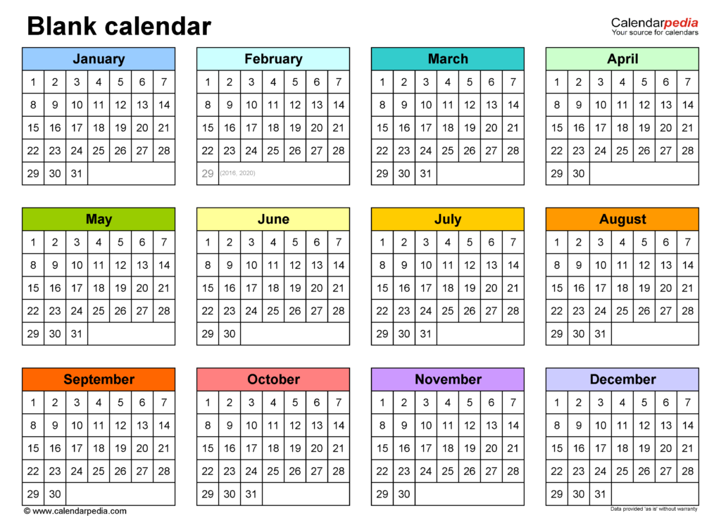 Blank Yearly Calendar Printable One Page