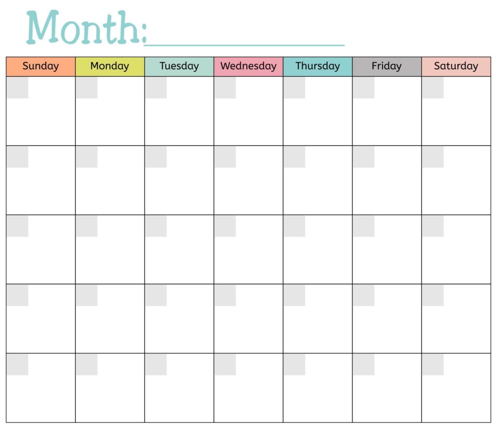 Printable Blank Monthly Calendar Pages