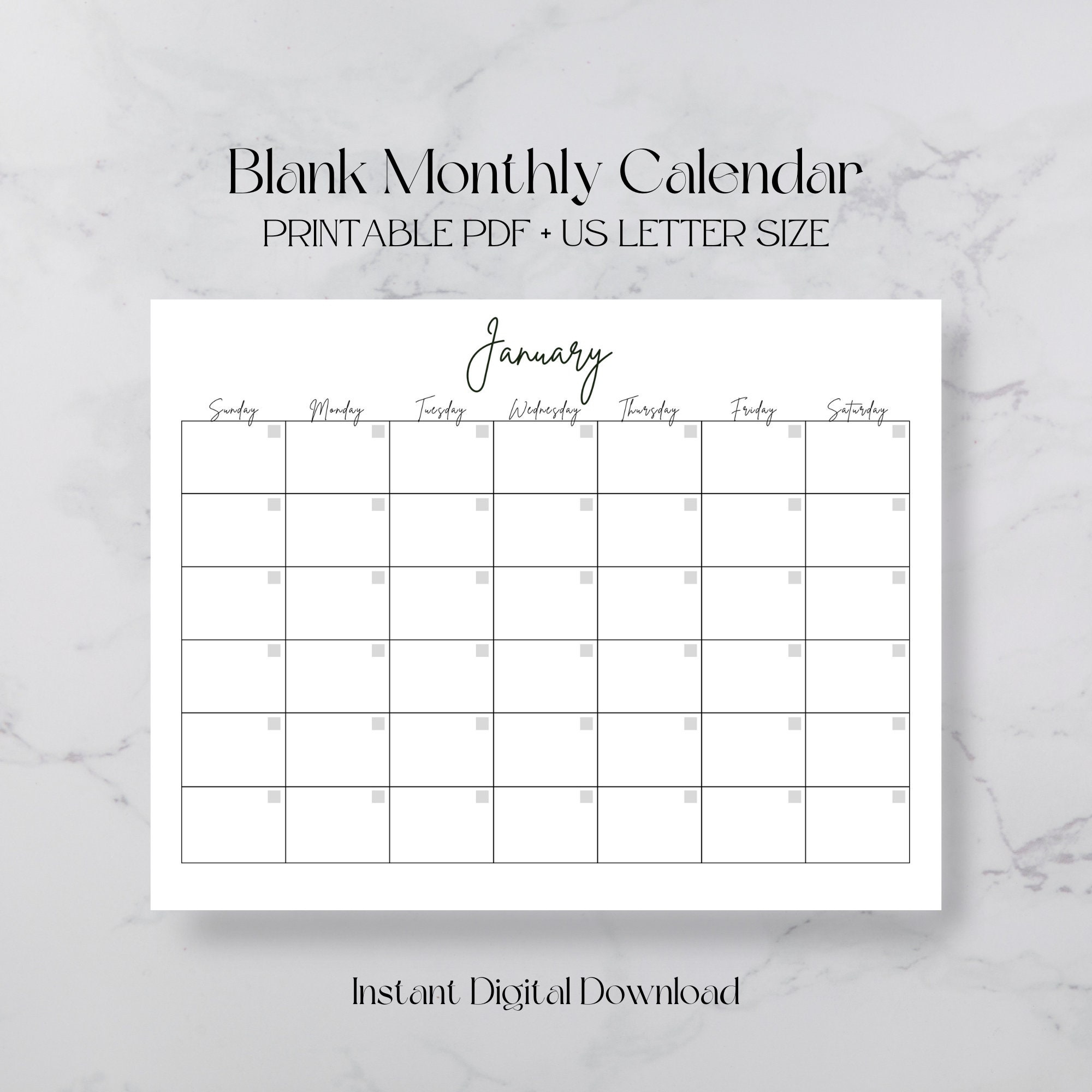 Blank Monthly Calendar Simple Calendar Printable Calendar Etsy