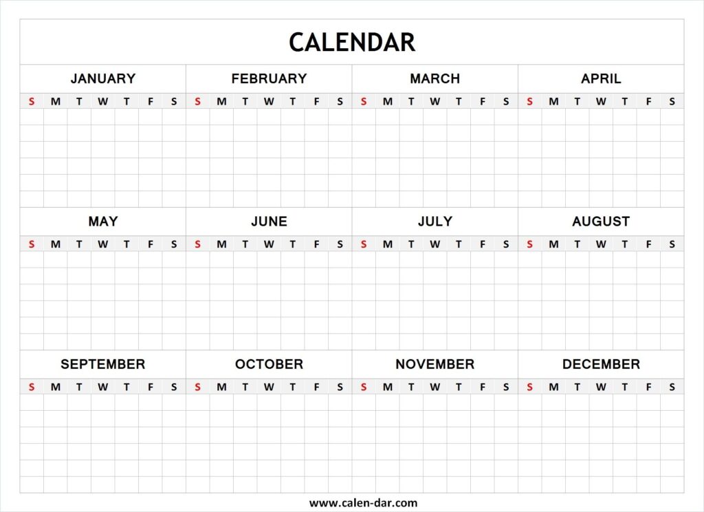 Free Blank Yearly Calendar Grid Printable