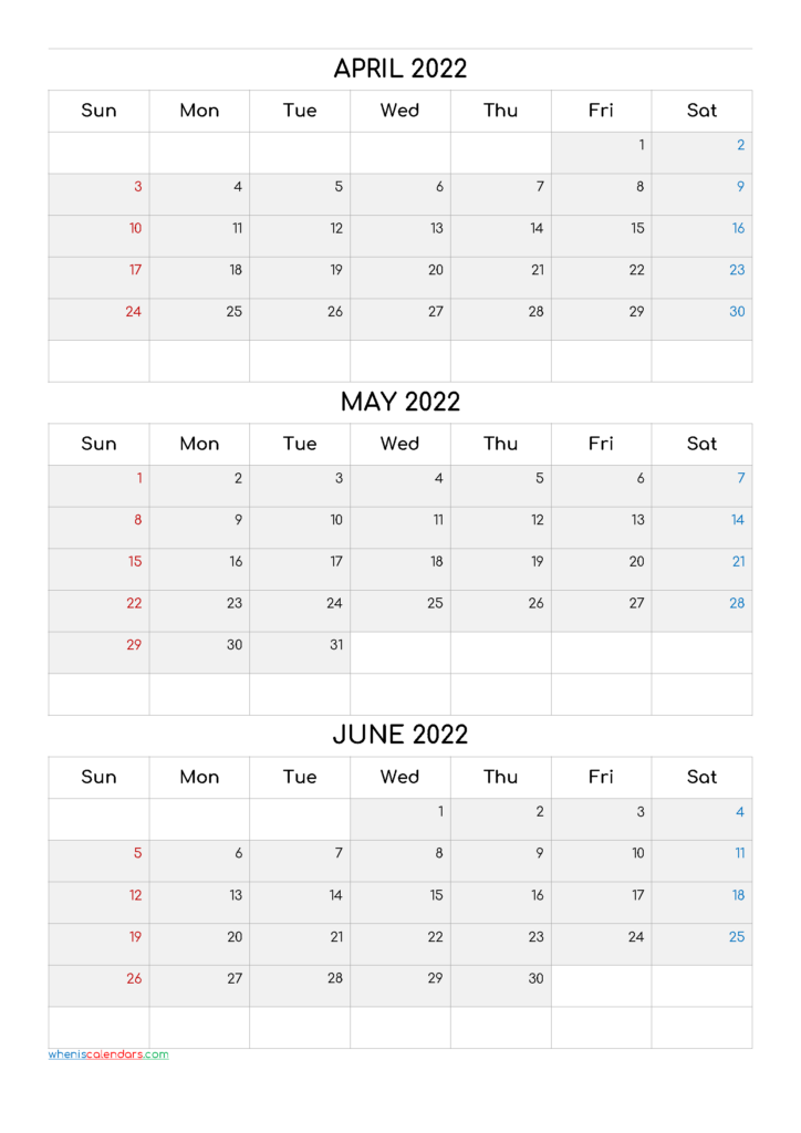Calendar April May June 2022 PDF Template Code Comf6
