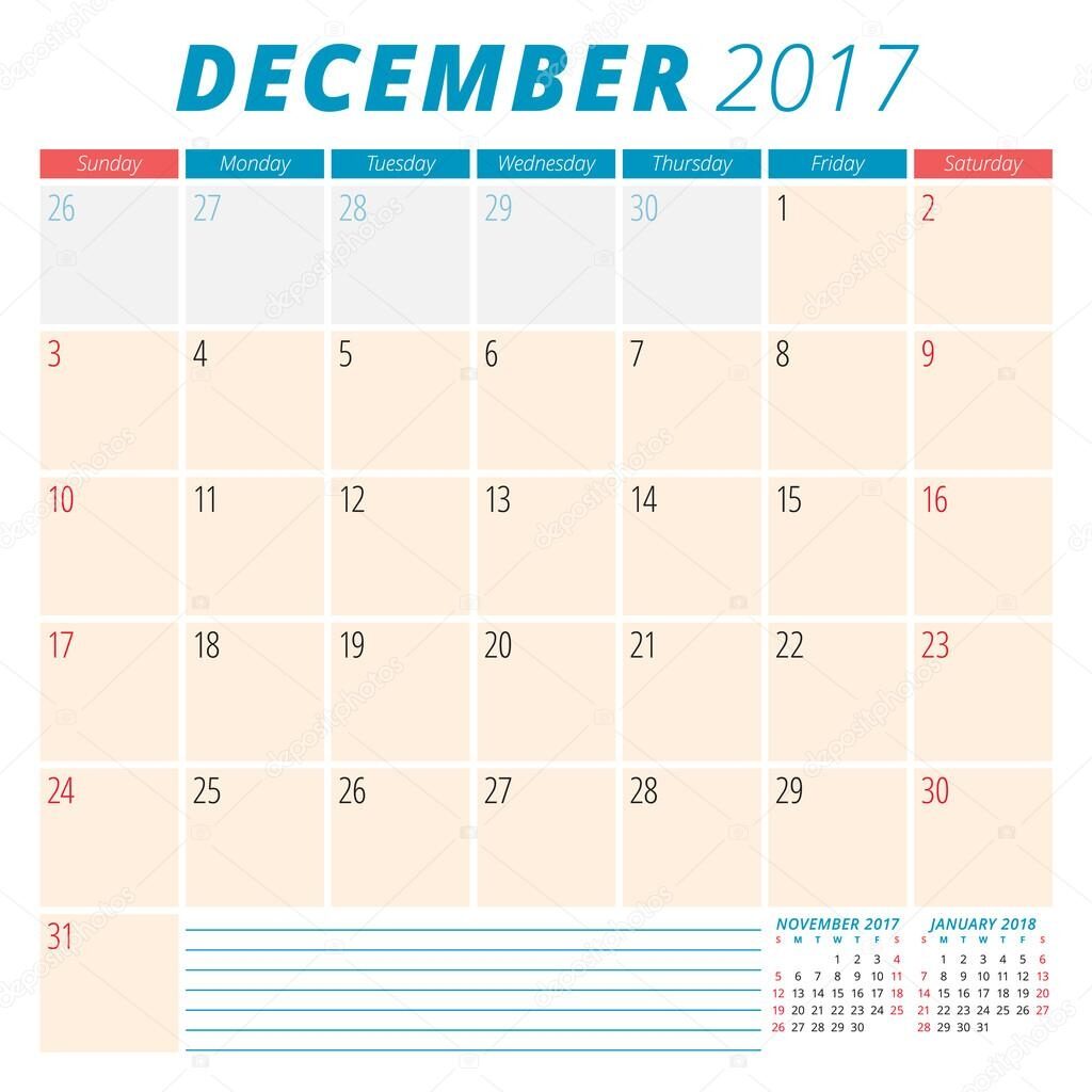 December 2017 Calendar Planner For 2017 Year Week Starts Sunday Stationery Design 3 Months On Page Vector Calendar Template Stock Vector Image By AntartStock 115367092