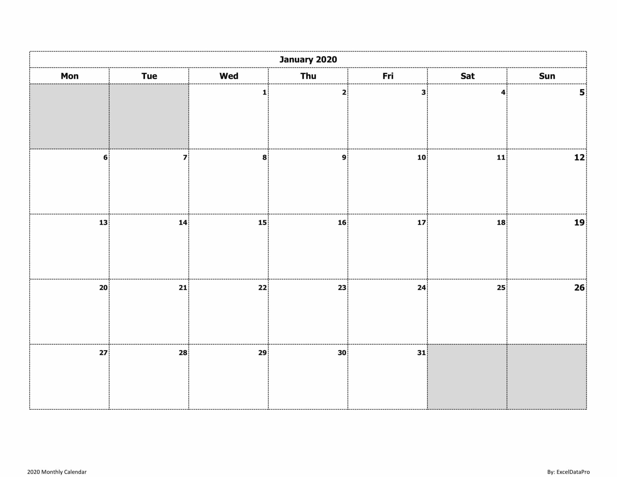 Download 2020 Monthly Calendar Mon Start Ink Saver Excel Template ExcelDataPro