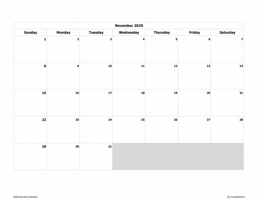 Download 2020 Monthly Calendar Sun Start Ink Saver Excel Template ExcelDataPro