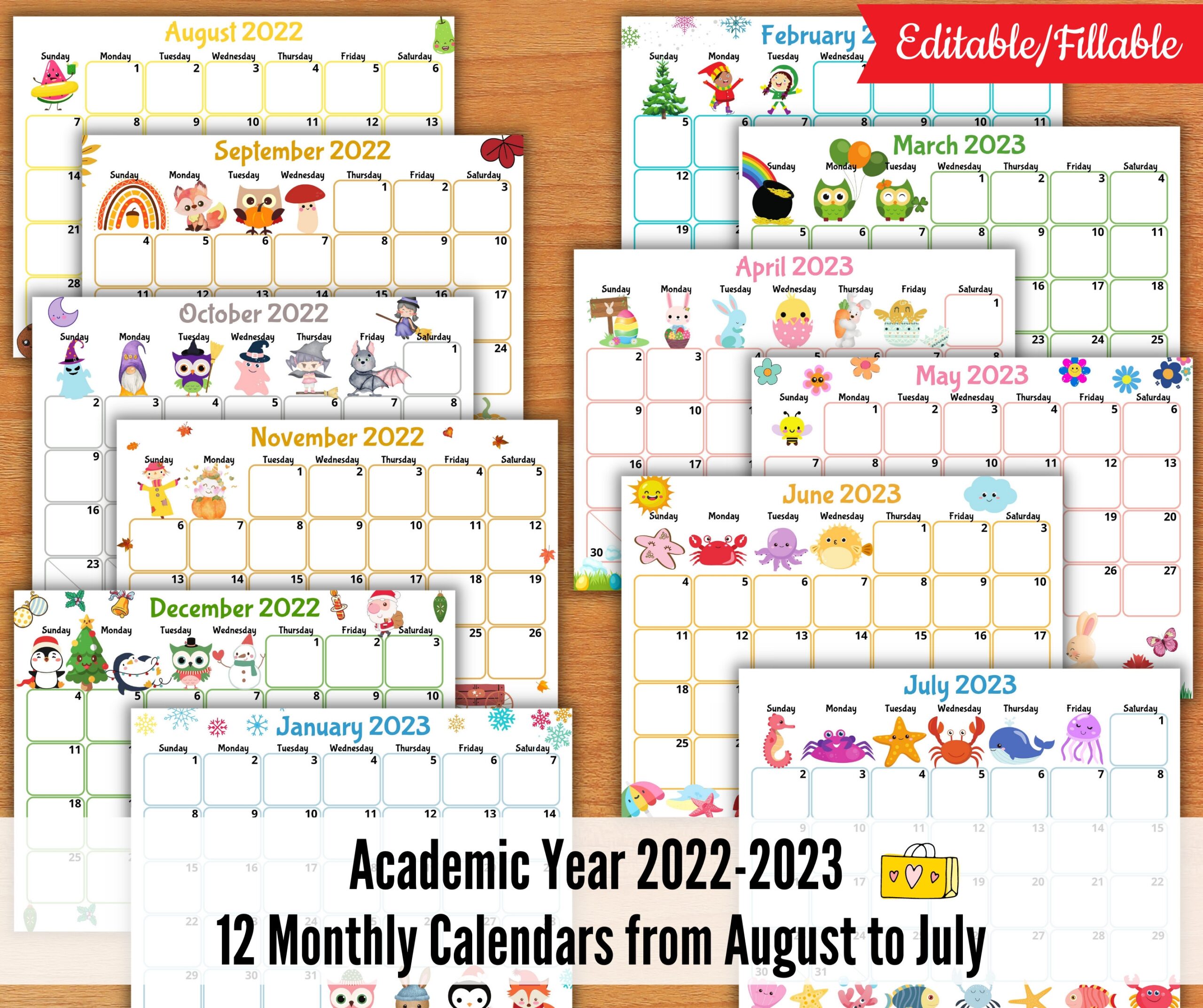 EDITABLE School Calendar 2022 2023 From August To July Back Etsy