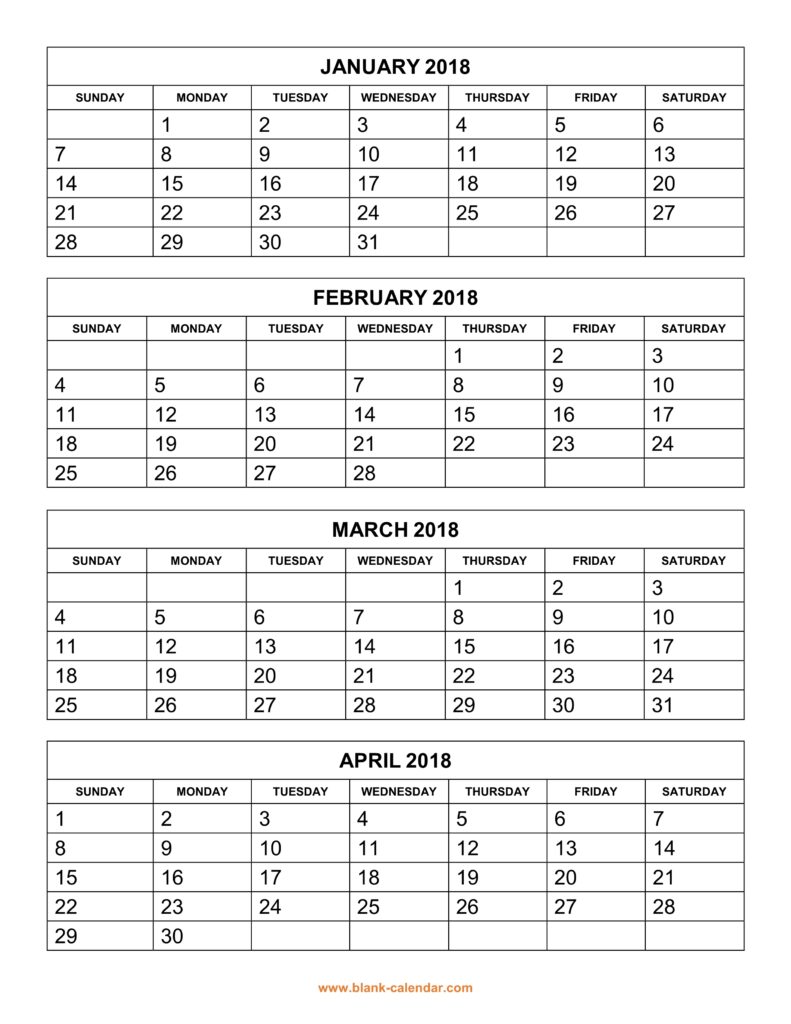4 Month Printable Blank Calendar