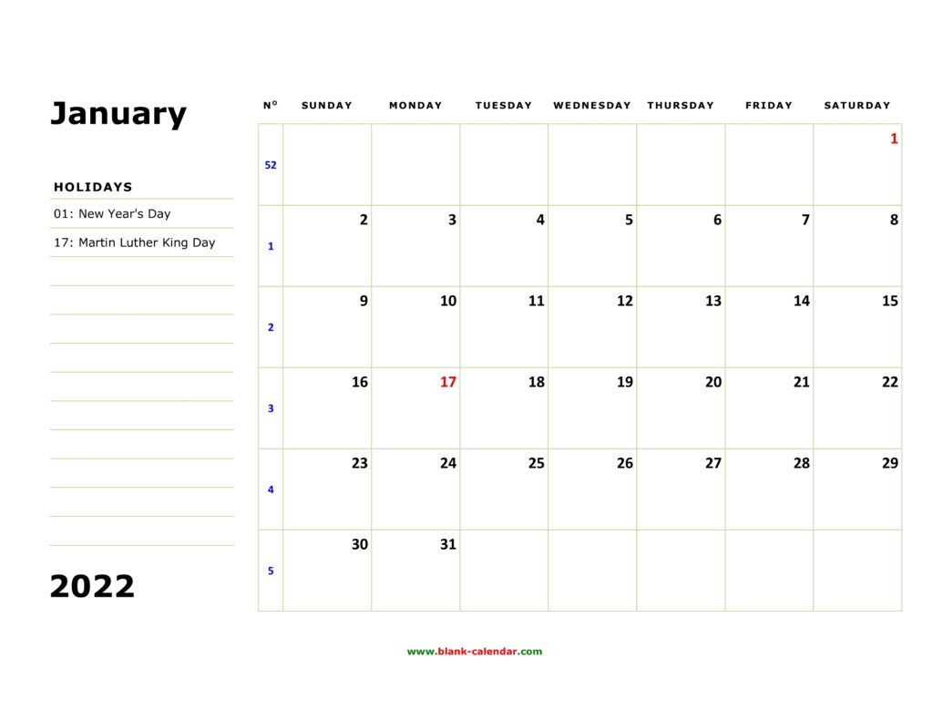 Free Download Printable Calendar 2022 Large Box Holidays Listed Space For Notes